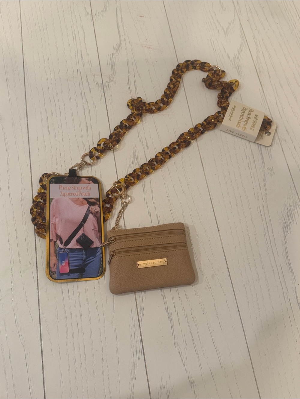 Simply Southern Tortoiseshell Chain Strap with Tan Zippered Pouch